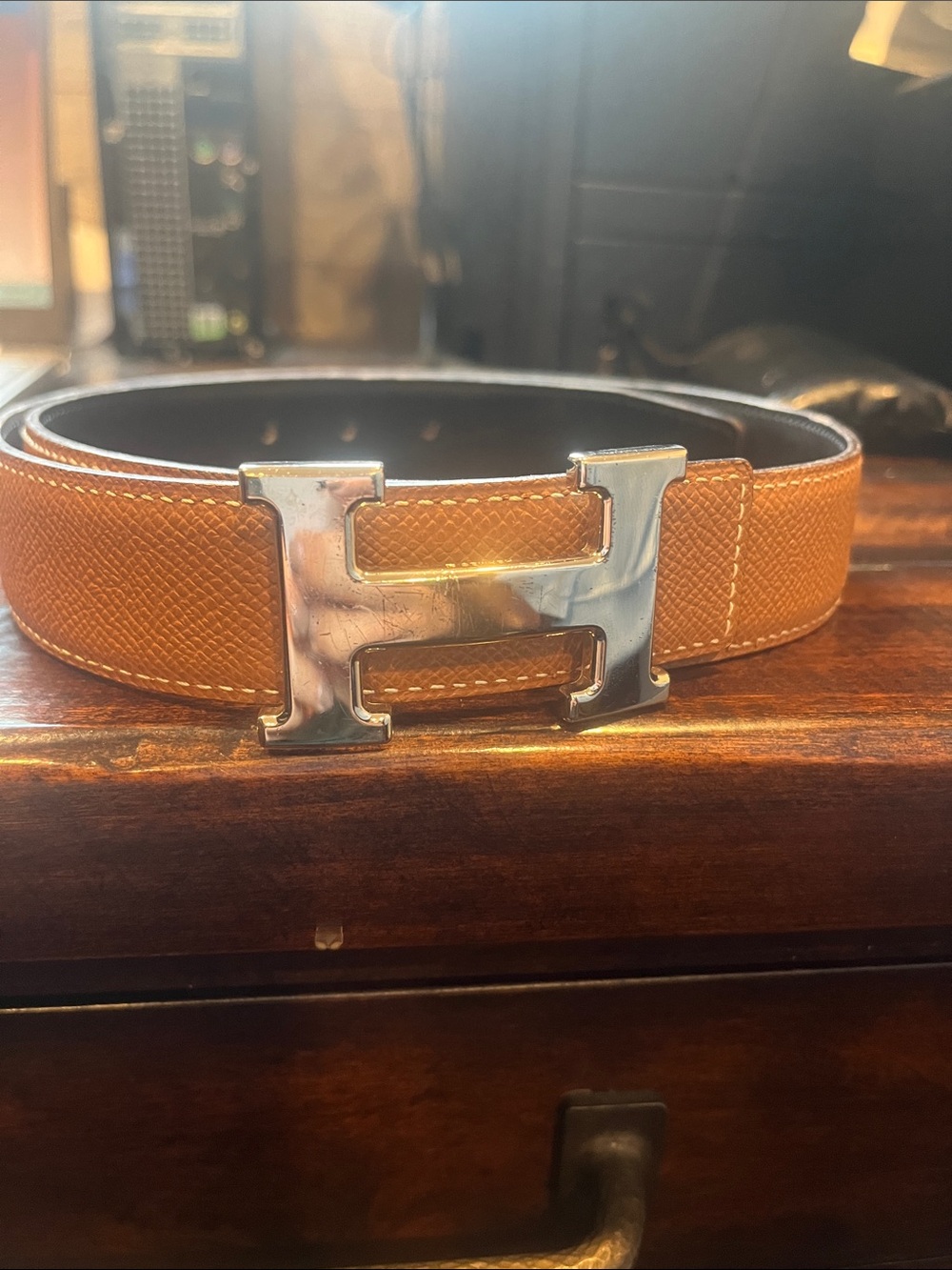 Hermes Leather Belt with Silver H Buckle - Tan